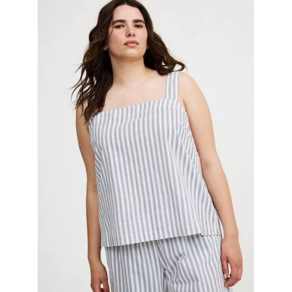 Torrid Beach Linen Striped Tank Top 100% Cotton Back Button Blue White 1X NWT's